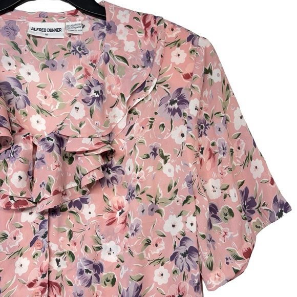 Alfred Dunner Vintage Pink Floral Ruffle Neckline Button down Blouse size 16 - Picture 4 of 10